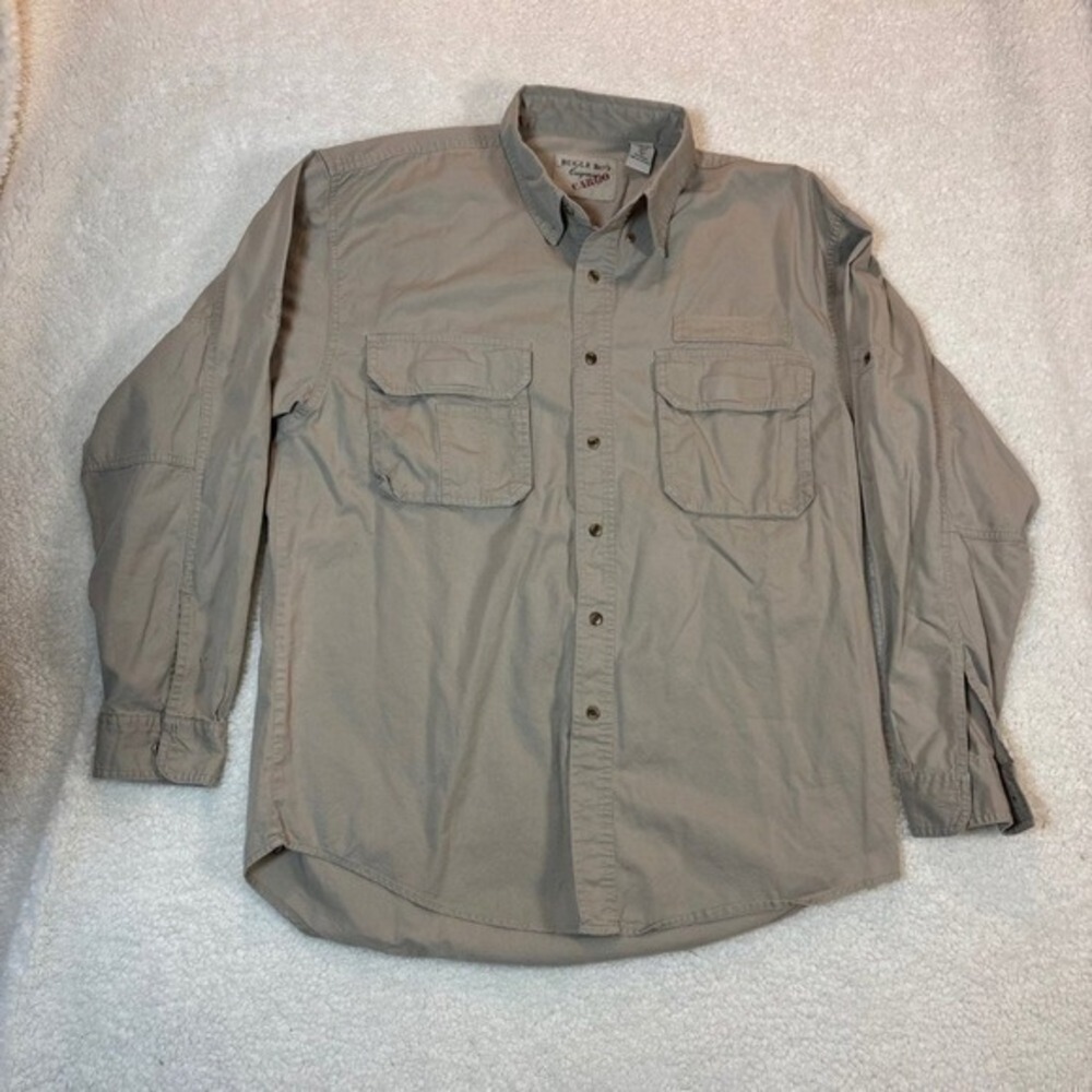 Bugle Boy Cargo Shirt Mens L Tan Khaki Good Utility Long Sleeve Roll Tab Pocket